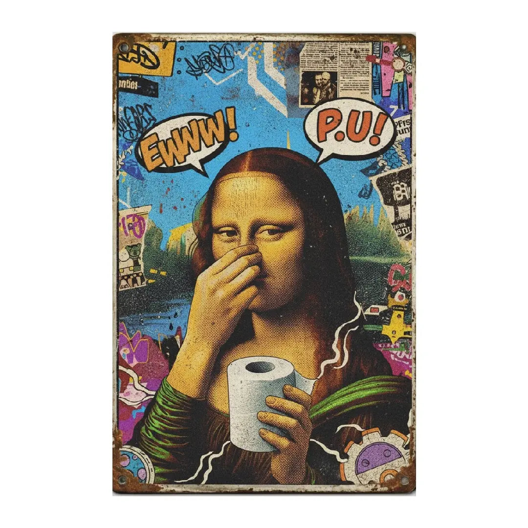 Mona Lisa Bathroom Metal Sign Funny Vintage Toilet Wall Decor Nose Pinching Stink Humor Da Vinci Inspired Rustic Metal Plaque 08*12 inch