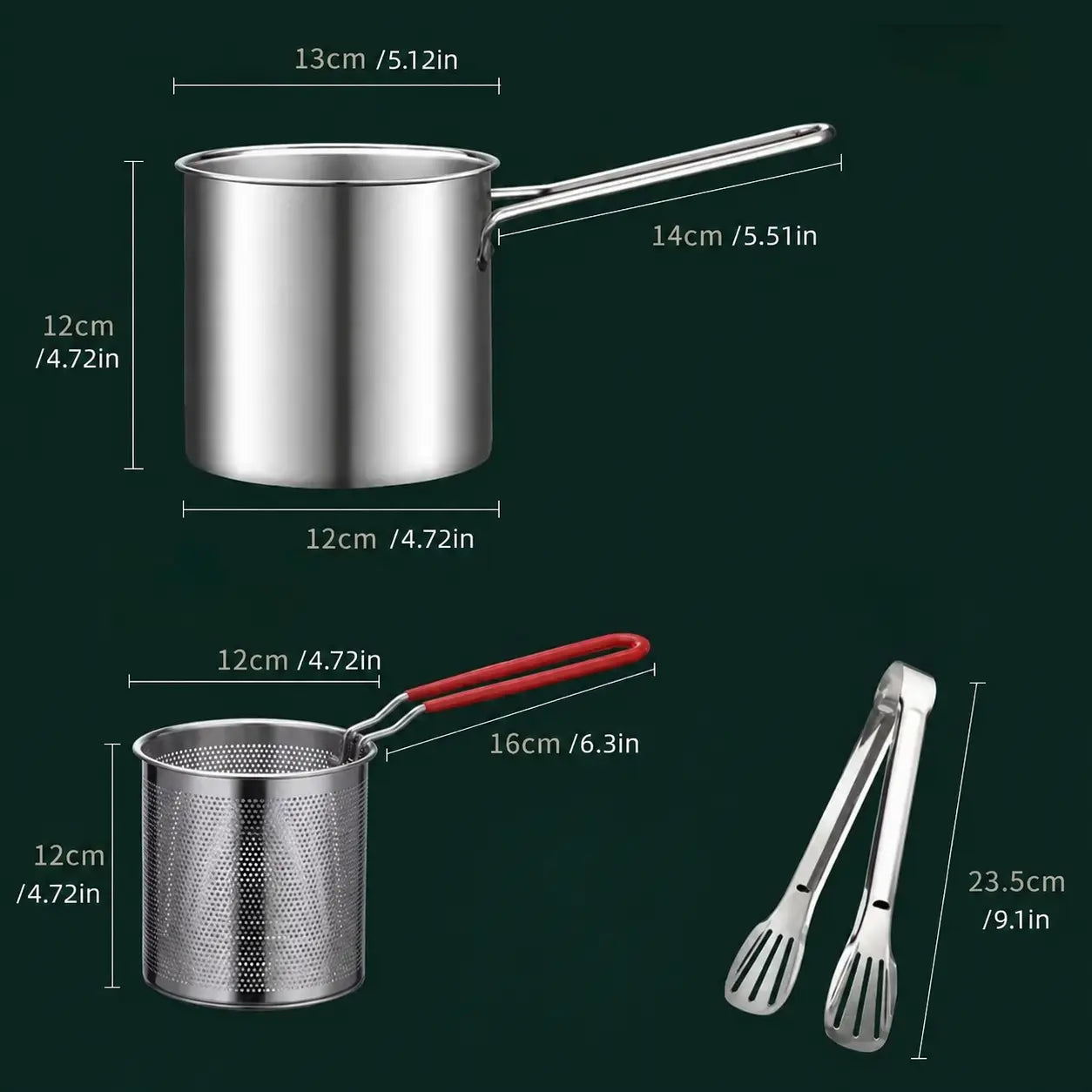 3-Piece Stainless Steel Mini Deep Fryer Set – Portable Pot with Strainer Basket & Food Tongs