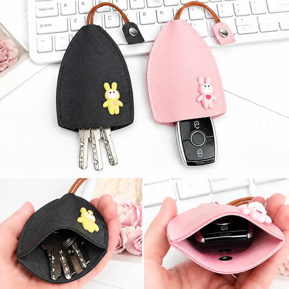 Cute Cartoon Leather Pull-Out Key Case – Portable Anti-Scratch Car Key Holder Pouch