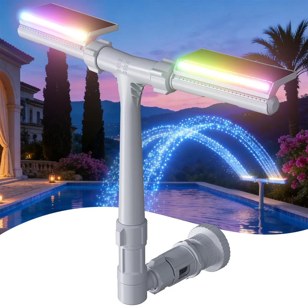 Fontaine solaire de piscine avec lumières à détection automatique et télécommande | Double pulvérisation, arroseur réglable pour piscines hors sol/enterrées