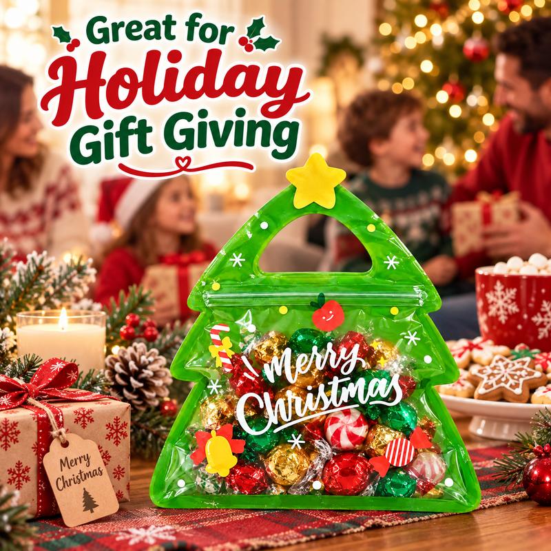 Christmas Tree Resealable Candy Bags with Handles (15/30 Pcs) – Holiday Party Favor & Cookie Pouch