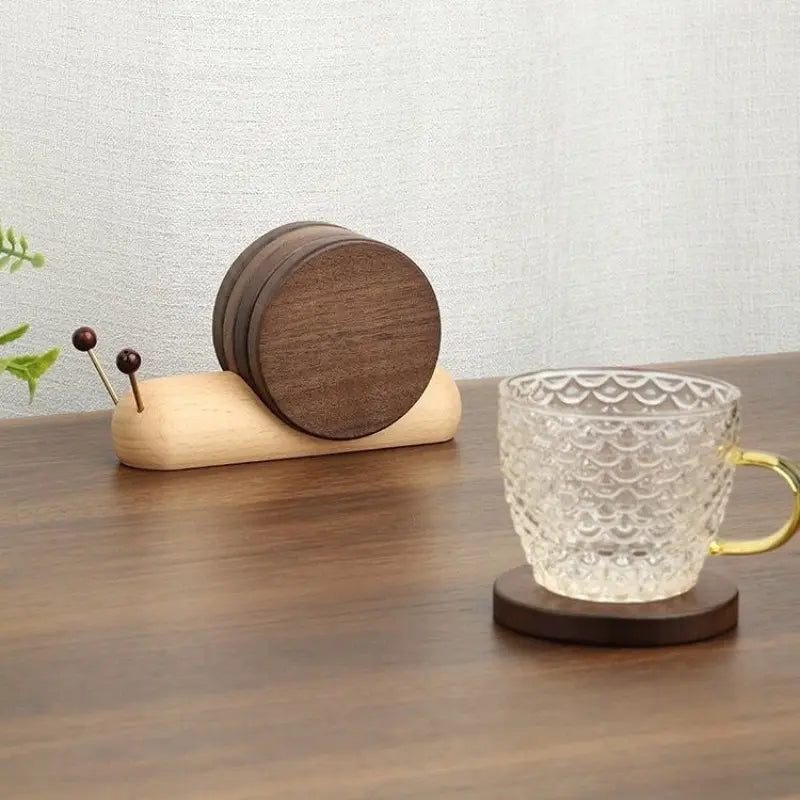 Snail Wooden Coaster Set – Magnetic Heat-Resistant Cup Coasters with Holder