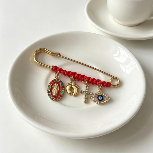 September Laurel Protection Brooch for Pregnancy & Baby Religious Charm Maternity Safety Pin Brooch – Virgin Mary, Cross & Evil Eye Belly Jewelry Pin
