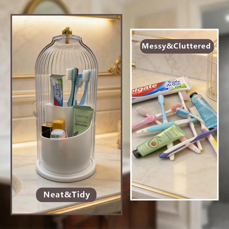 3-Slot Toothbrush Holder with Sliding Lid, Rotating Bathroom Countertop Organizer for Vanity