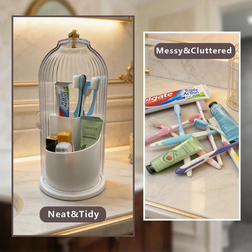 3-Slot Toothbrush Holder with Sliding Lid, Rotating Bathroom Countertop Organizer for Vanity