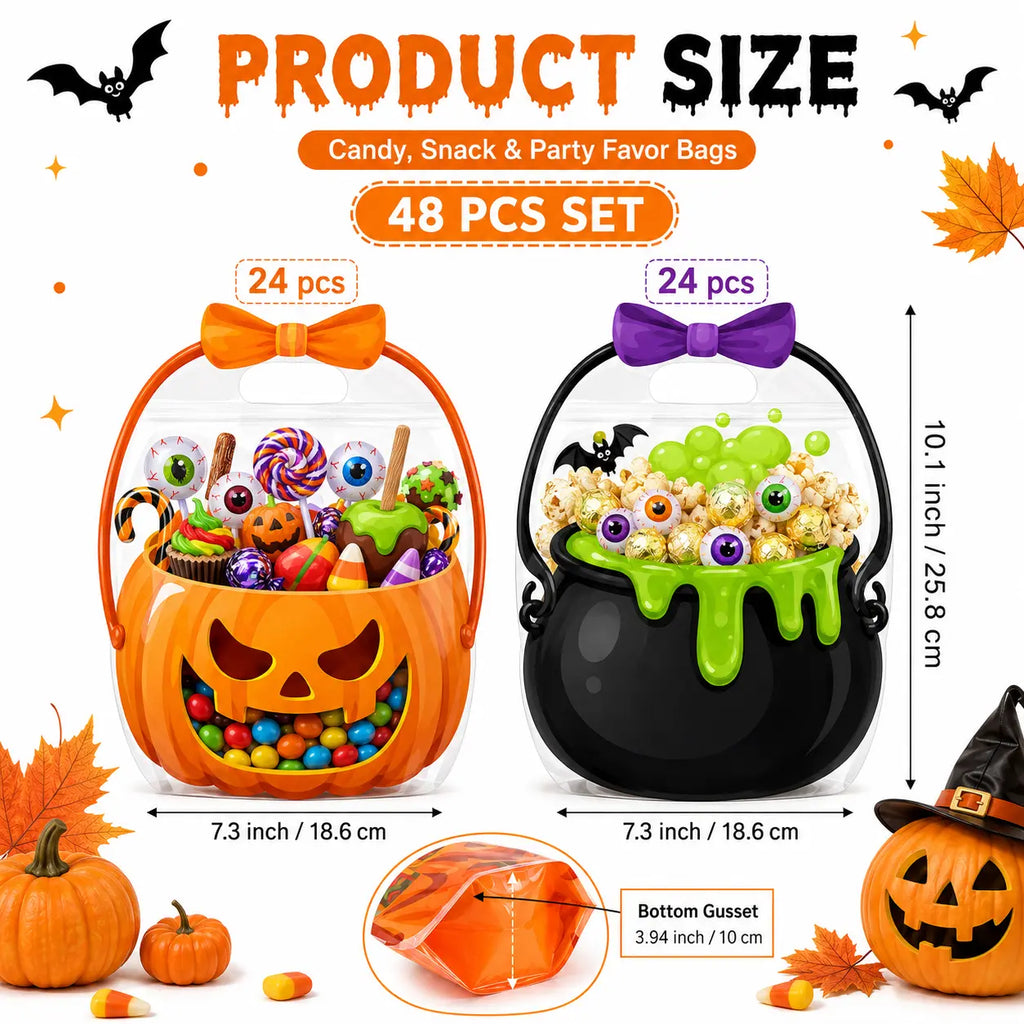 12-60 Pcs Halloween Plastic Goodie Bags – Trick or Treat Candy Bags with Pumpkin & Skull Patterns