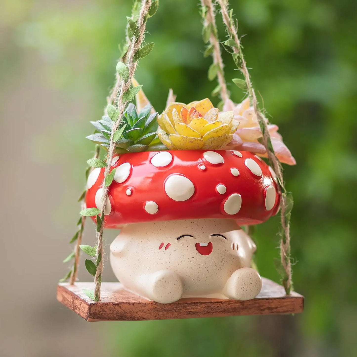 Whimsical Cottagecore Mushroom Smiley Face Hanging Swing Planter - Cheerful Home Decor Gift for Plant Lovers