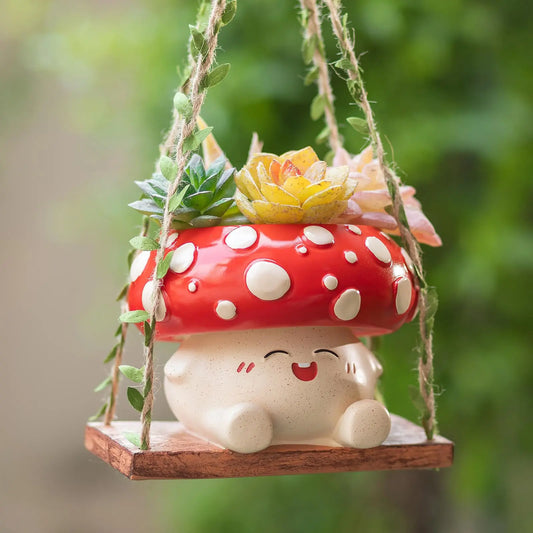 Whimsical Cottagecore Mushroom Smiley Face Hanging Swing Planter - Cheerful Home Decor Gift for Plant Lovers