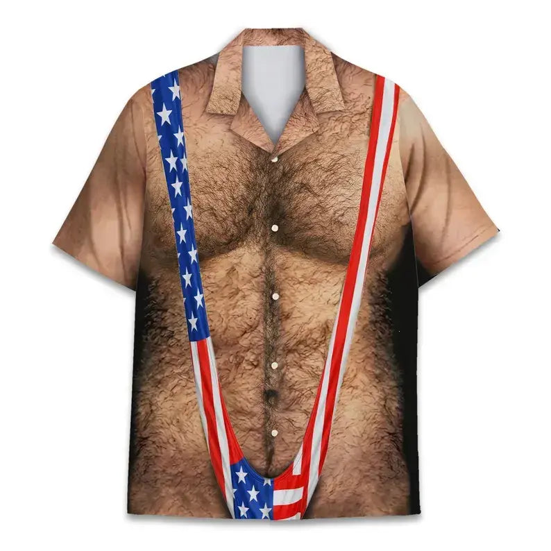 Men's Funny American Flag Hawaiian Shirt: 4th of July Chest Hair Illusion Button-Up