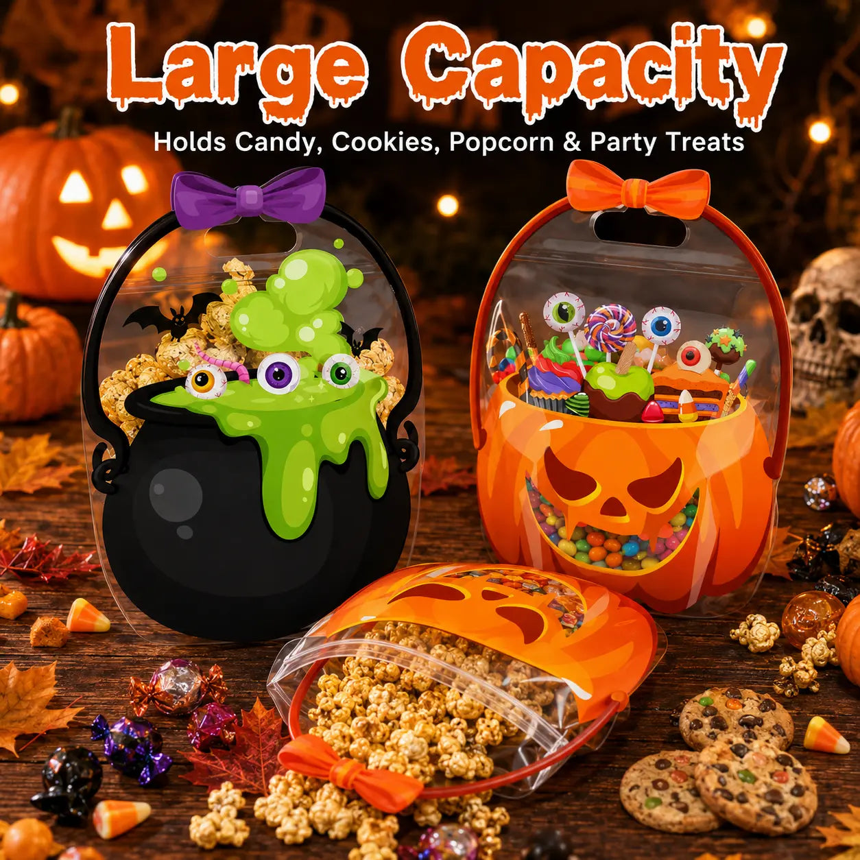 12-60 Pcs Halloween Plastic Goodie Bags – Trick or Treat Candy Bags with Pumpkin & Skull Patterns
