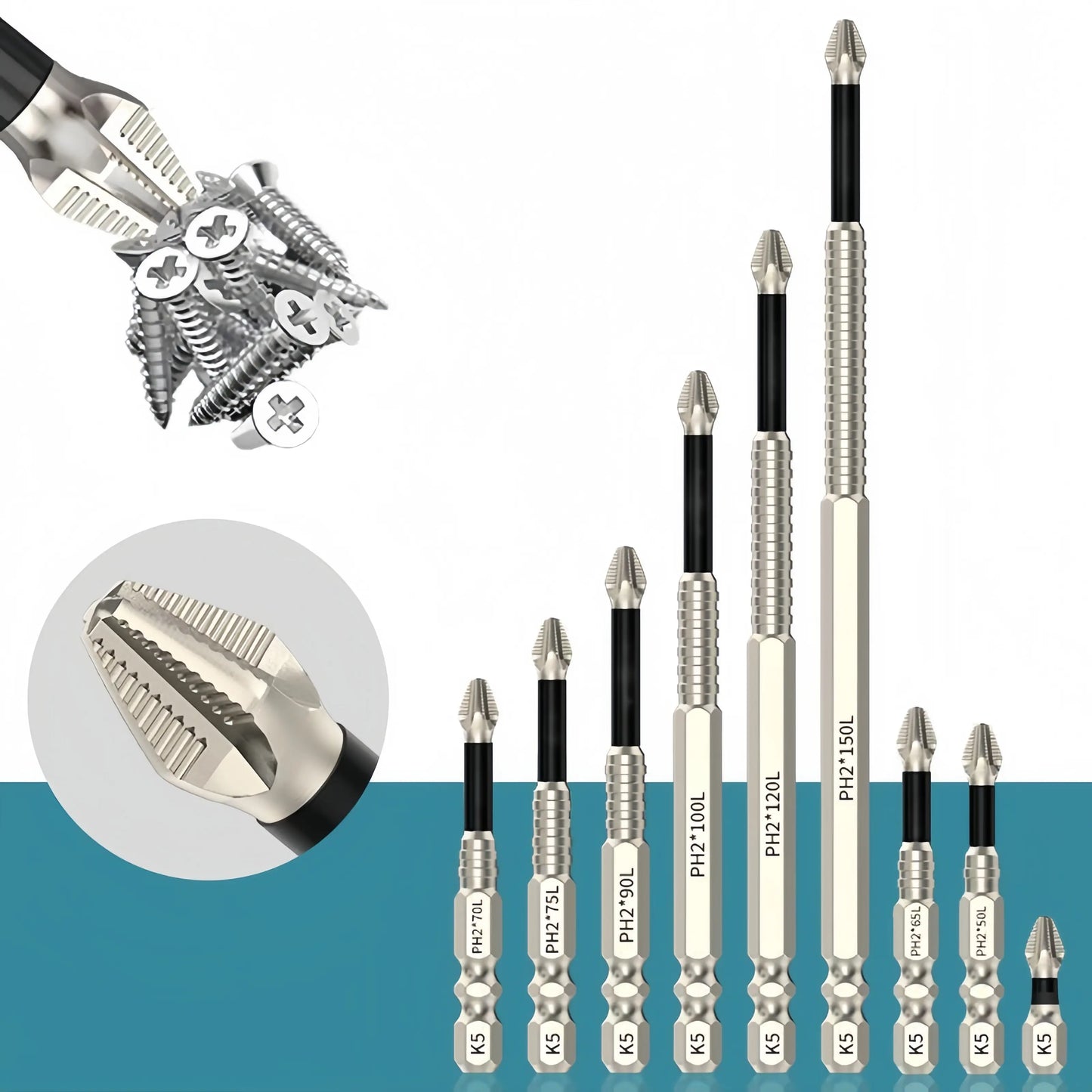K5 Anti-Slip Impact Screwdriver Bit Set – High Magnetic PH2 Non-Slip Drill Bits