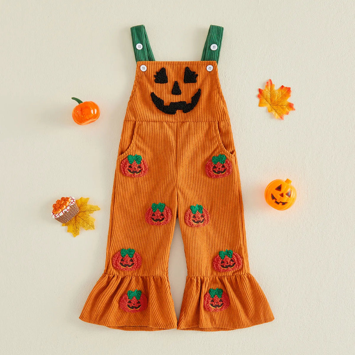 Toddler Baby Boy Halloween Devil Face Ribbed Overalls – Sleeveless Pocket Jumpsuit