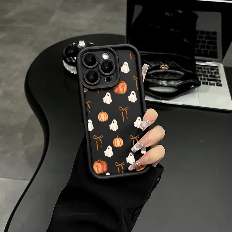 Cute Halloween Ghost Pumpkin Bow Phone Case for iPhone 17 Pro Max – Shockproof Protective Cover