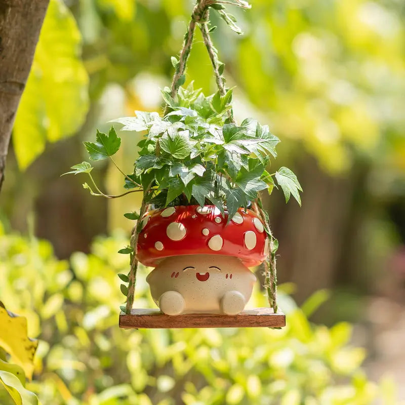Whimsical Cottagecore Mushroom Smiley Face Hanging Swing Planter - Cheerful Home Decor Gift for Plant Lovers