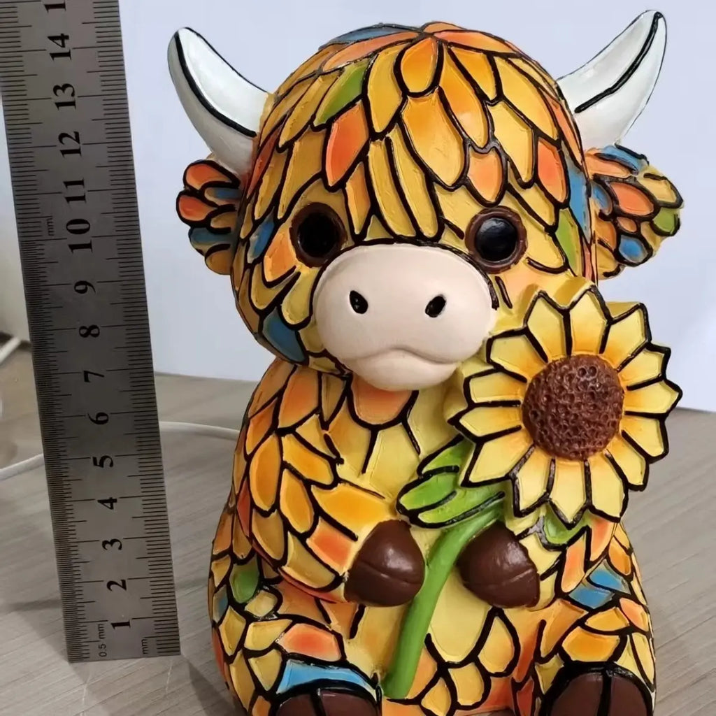 Luz de noche LED de vaca de las Highlands - Lámpara de mesa de figura animal de resina bonita (USB)