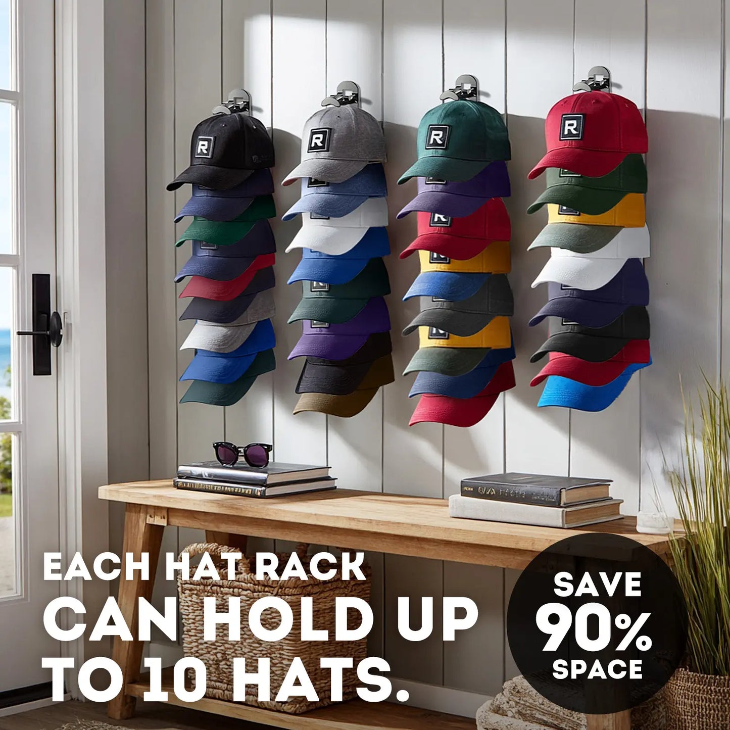 Hat Hook for Wall 2 Pack Hat Organizer Holds Up to 20 Hats with Strong Adhesive and 8 Screws Cap Holder for Closet Door and Bedroom B-Black - Decor Key Hook Wall Mounted Shelf