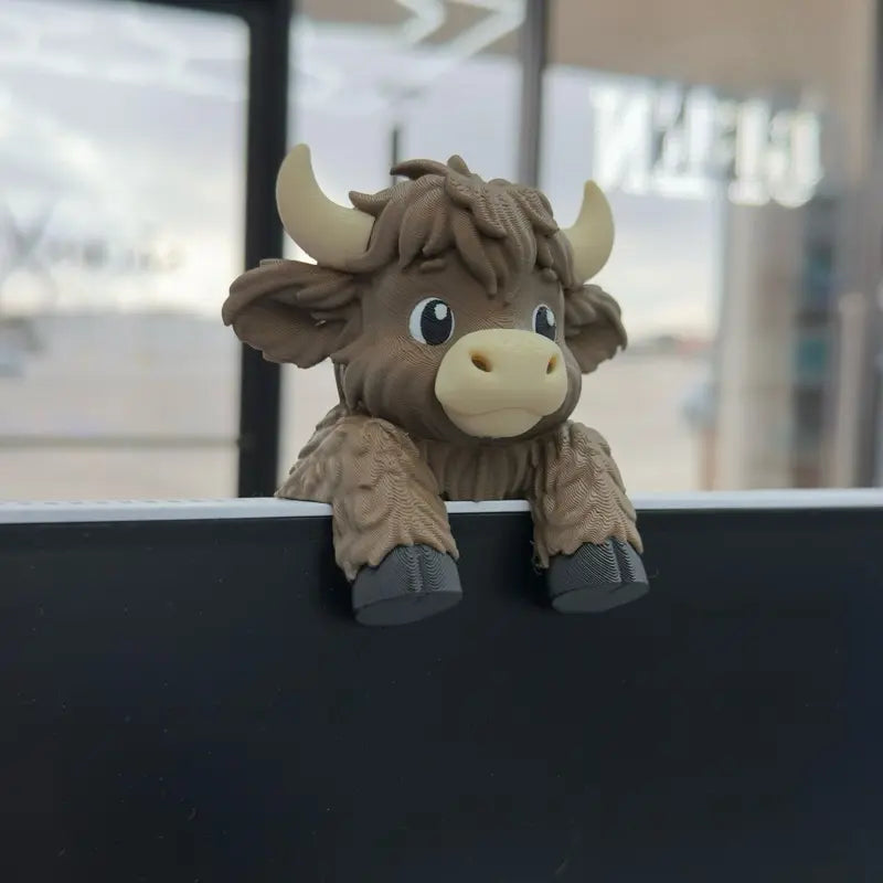 Highland Cow Monitor Buddy & Screen Sitter – 3D Printed Emotional Support Office Desk Companion