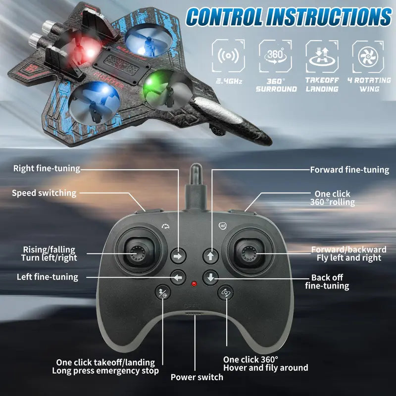 RC Fighter Jet Drone with 360° Flips & LED Lights – Vertical Takeoff EPP Foam Airplane Toy