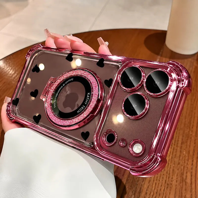 Cute Heart Clear Electroplated Shockproof Case with Glitter Ring Stand for iPhone 18 Pro Max & Samsung Galaxy S26 Ultra