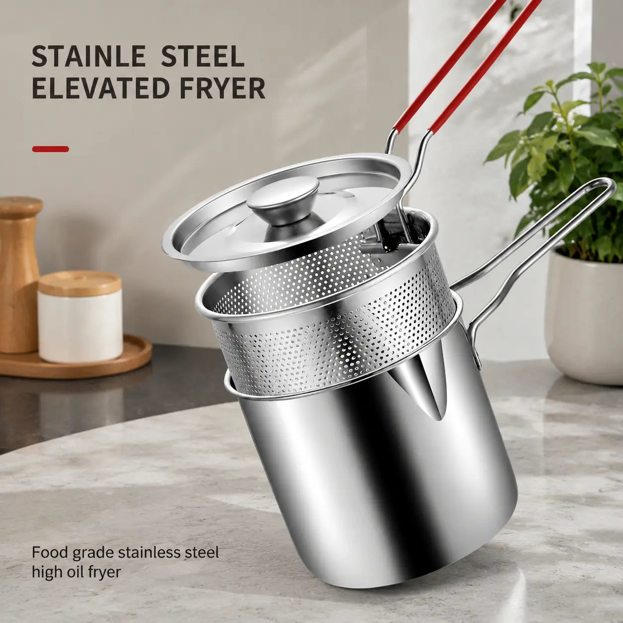 3-Piece Stainless Steel Mini Deep Fryer Set – Portable Pot with Strainer Basket & Food Tongs