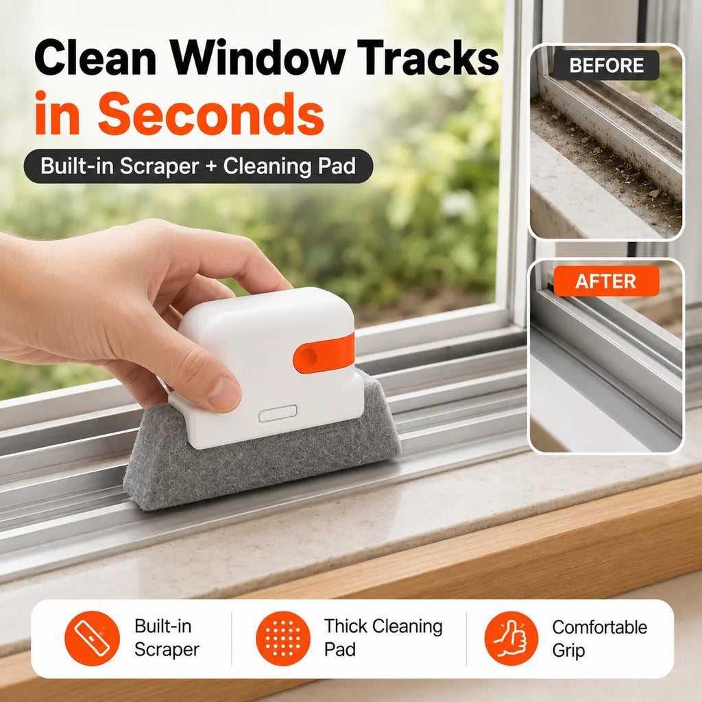 2-in-1 Window Track Cleaner Tool Kit with Built-in Scraper & 2 Replacement Pads