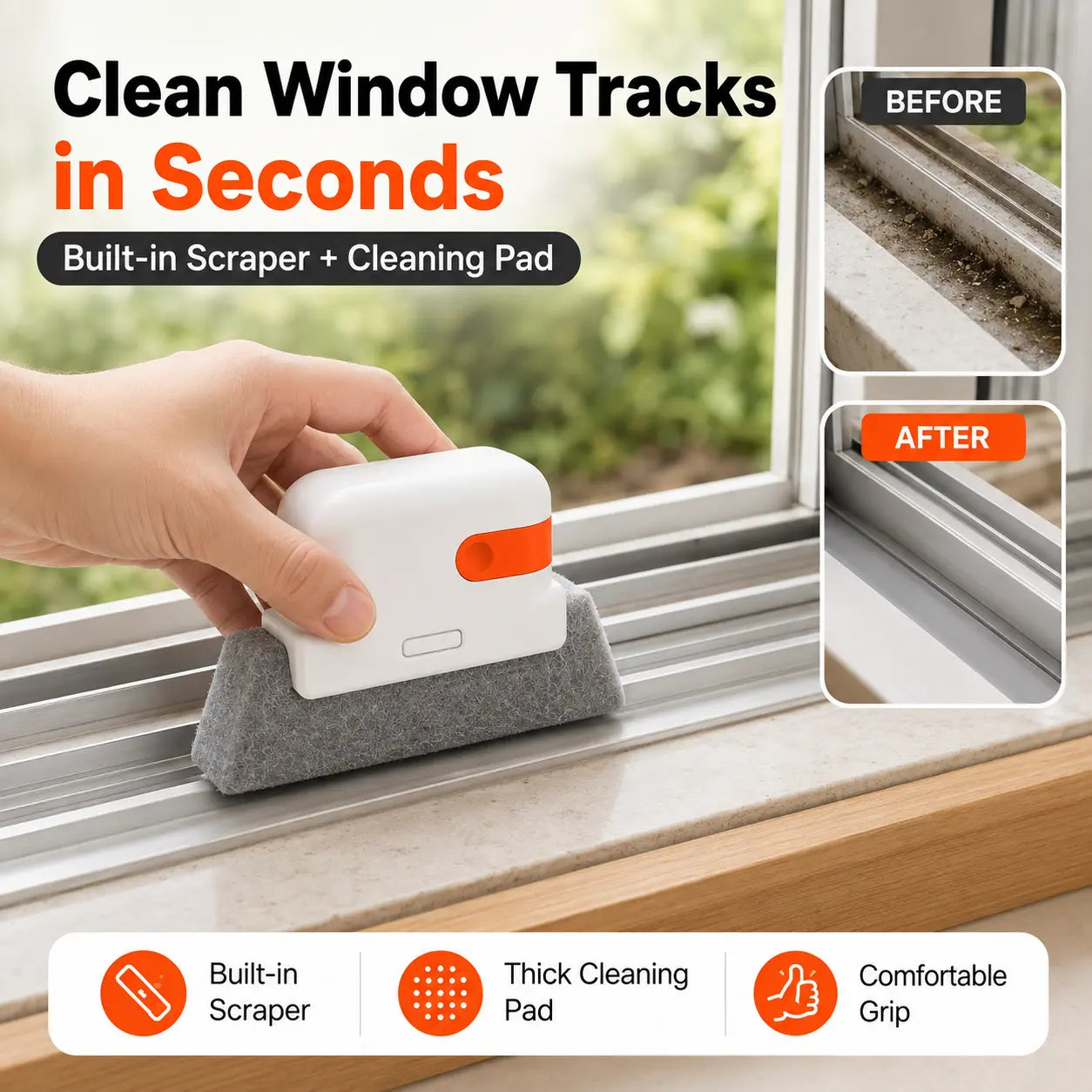 2-in-1 Window Track Cleaner Tool Kit with Built-in Scraper & 2 Replacement Pads