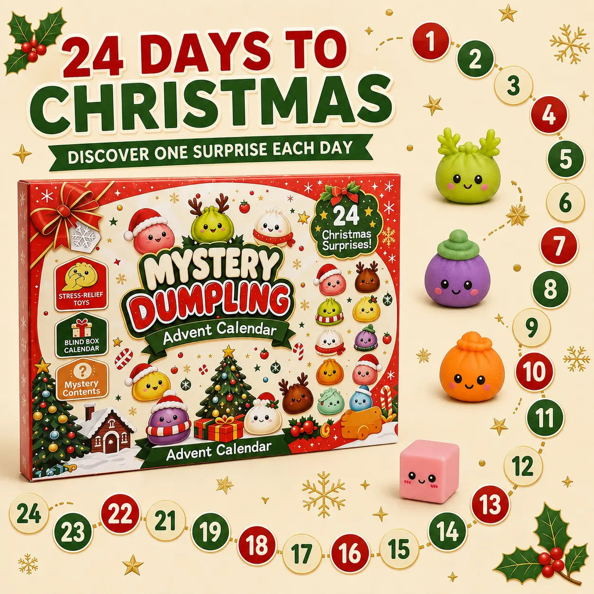 Christmas Mini Squishies Advent Calendar 2026 – 24-Day Dumpling & Glitter Toy Countdown Gift for Kids