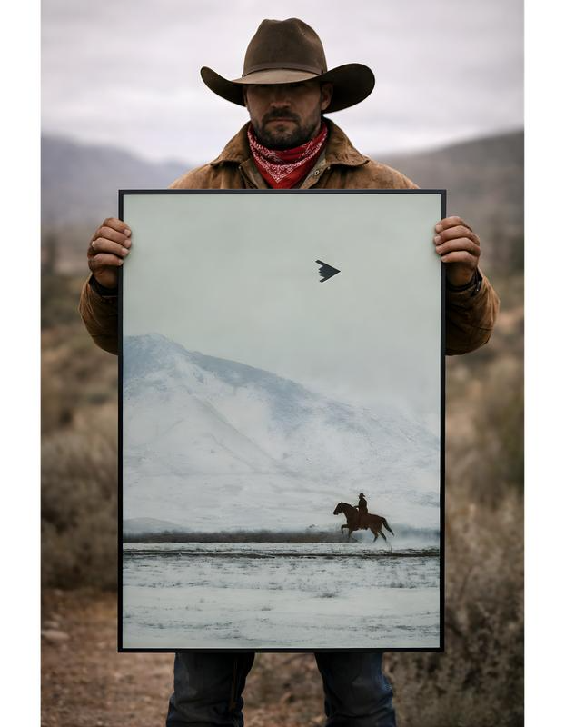 Cowboy on Horse and B2 Spirit Flying Satin Poster