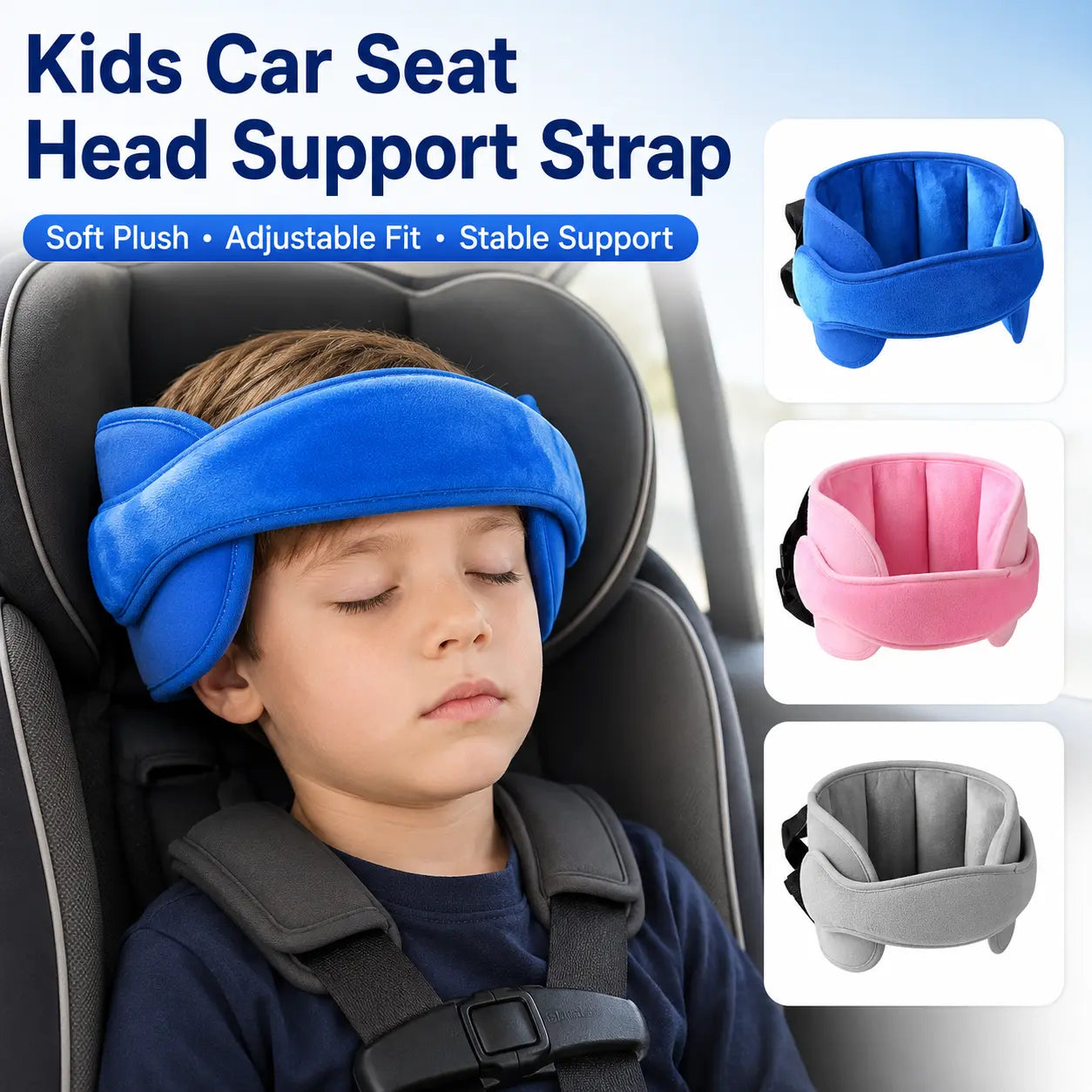 Correa suave de felpa ajustable para la cabeza del asiento de coche con cojines laterales acolchados para niños