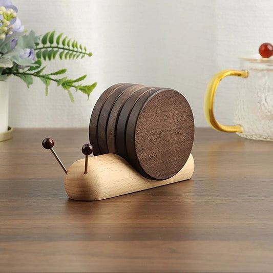 Snail Wooden Coaster Set – Magnetic Heat-Resistant Cup Coasters with Holder