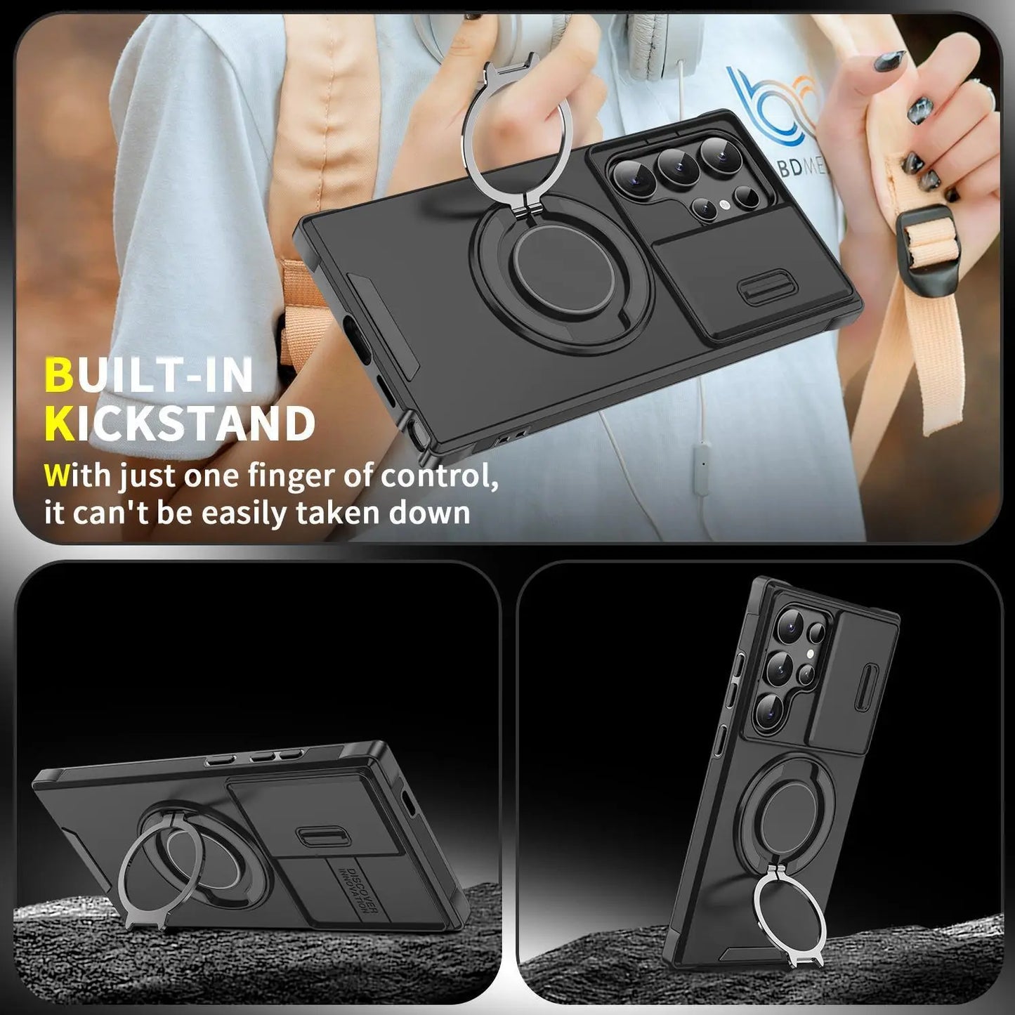 OREKROY Shockproof Magnetic Case with Slide Camera Lens Protector For Samsung Galaxy S26/S25/S24/S23/S22/S21 Ultra Plus Rotating Ring Holder