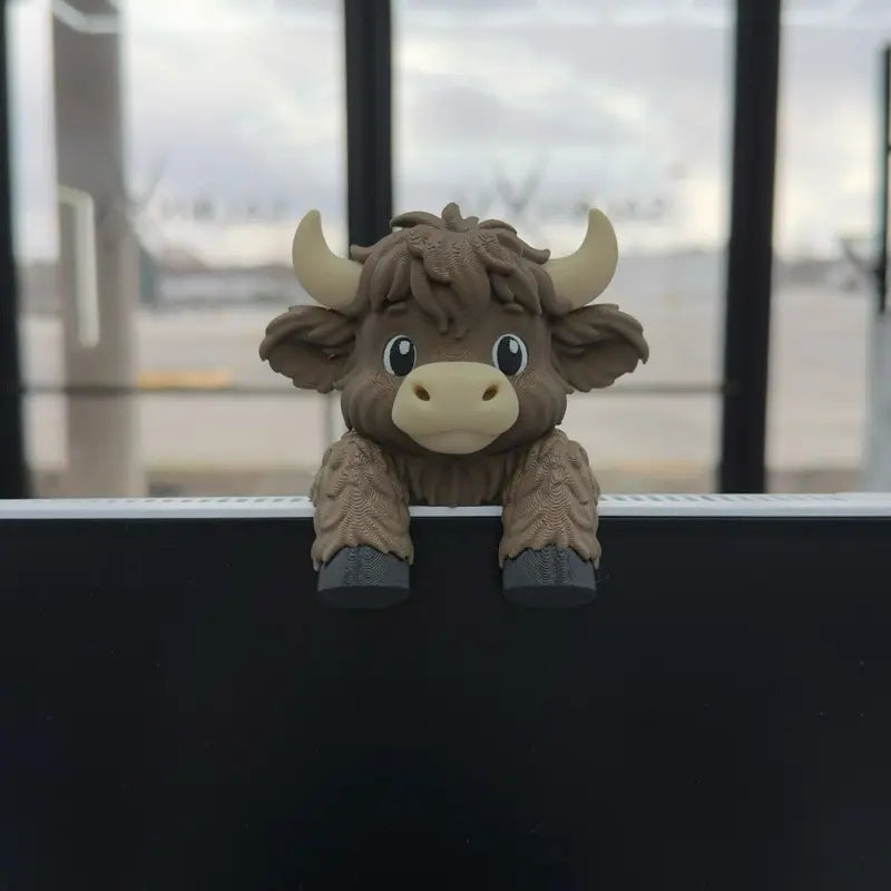 Highland Cow Monitor Buddy & Screen Sitter – 3D Printed Emotional Support Office Desk Companion