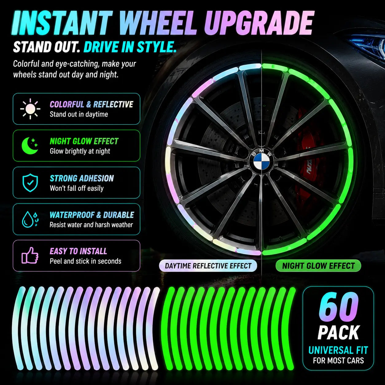 60-Piece Glow in The Dark Reflective Wheel Rim Stickers – Waterproof Universal Decals for Cars