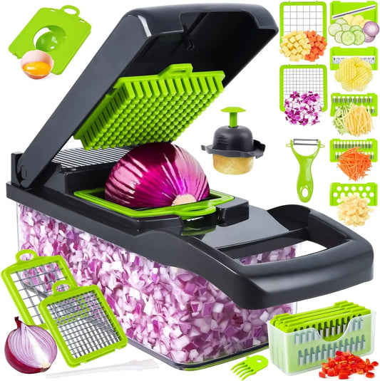 Multifunctional 14 /16 in 1 Food Chopper, Kitchen Vegetable Slicer Dicer Cutter With 8 Blades, Onion Chopper With Container Stainless Steel Utensils