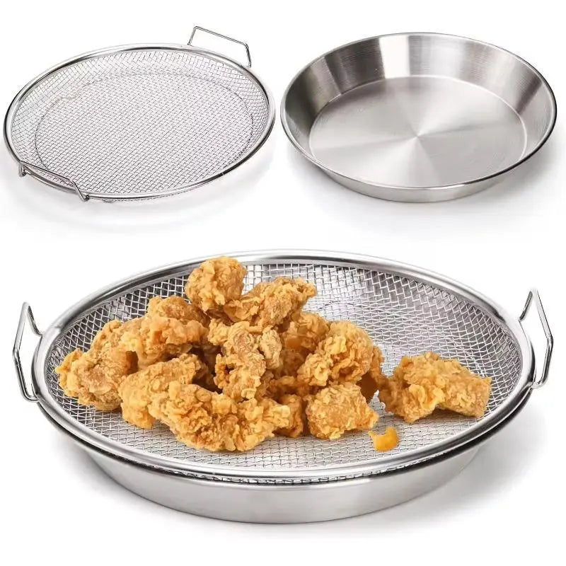 Stainless Steel Heavy-Duty Frying & Oil-Draining Rack with Tray - Foldable Round Metal Mesh Basket, Kitchen Gadgets, Oil-Draining Plate, Frying-Resistant, Vegetable-Washing Compatible, Dishwasher-Safe (Fits Multiple Models)