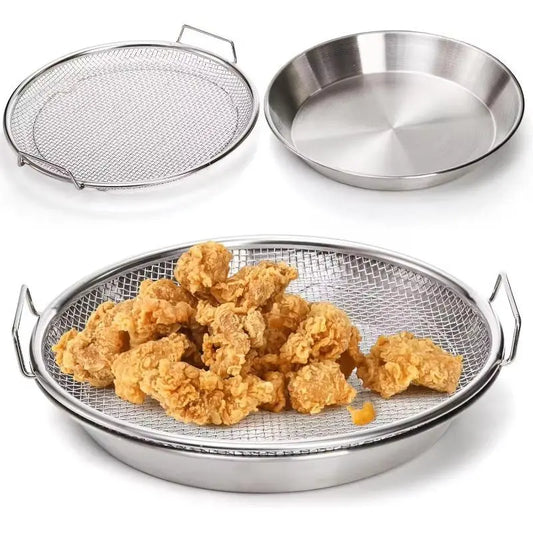Stainless Steel Heavy-Duty Frying & Oil-Draining Rack with Tray - Foldable Round Metal Mesh Basket, Kitchen Gadgets, Oil-Draining Plate, Frying-Resistant, Vegetable-Washing Compatible, Dishwasher-Safe (Fits Multiple Models)