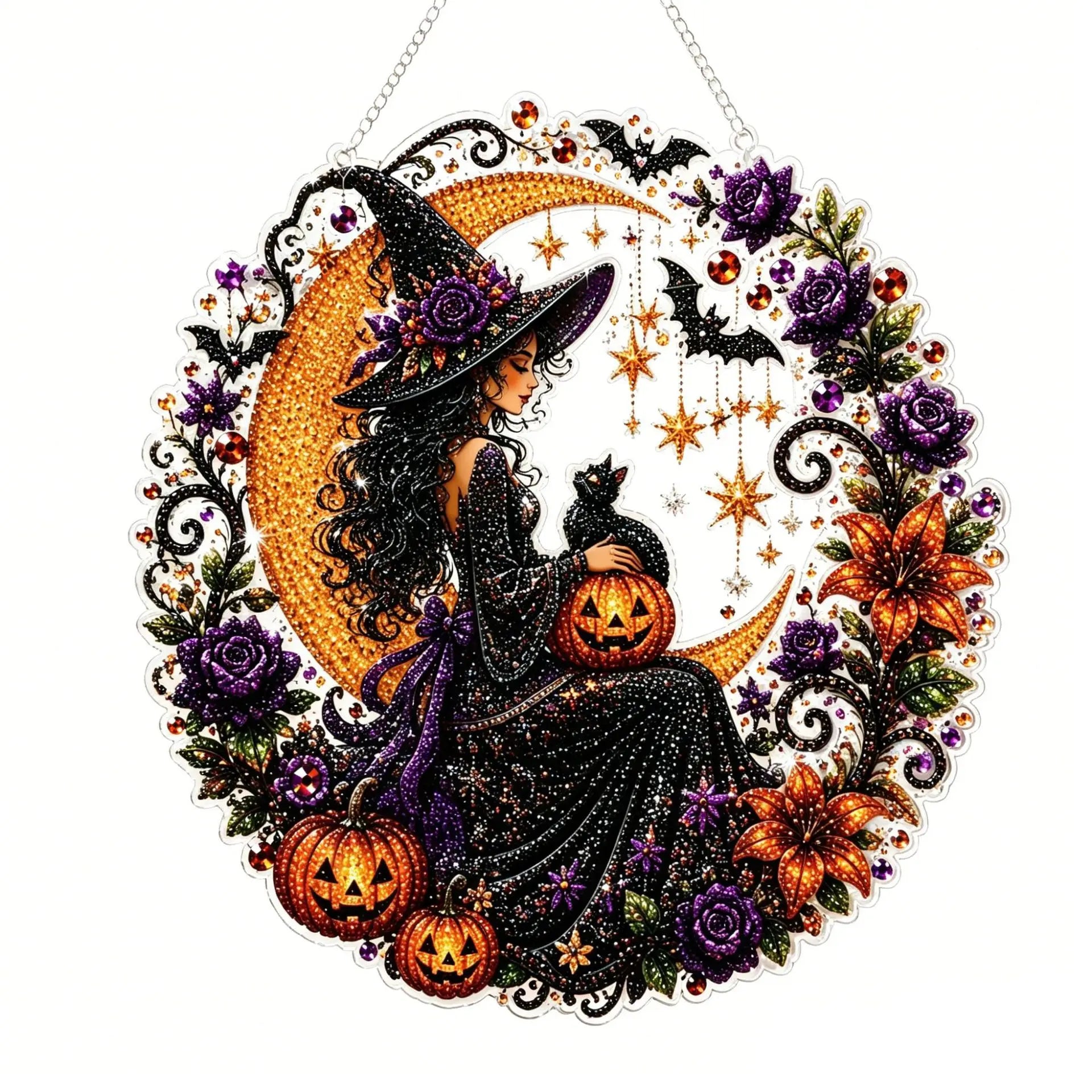 Halloween Diamond Painting Suncatcher Ornament Kit – Pumpkin & Black Cat DIY Gem Art for Window Decor