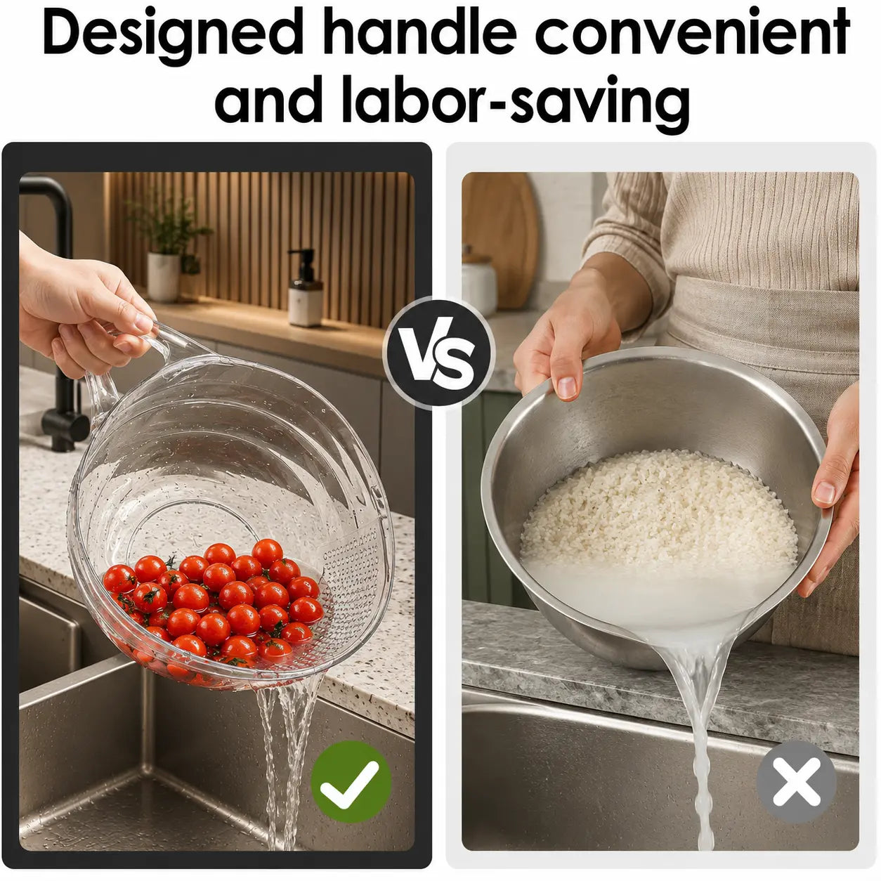 Aesthetic Multifunctional Rice Strainer with Handle – Sturdy BPA-Free Plastic Fruit Vegetable Colander