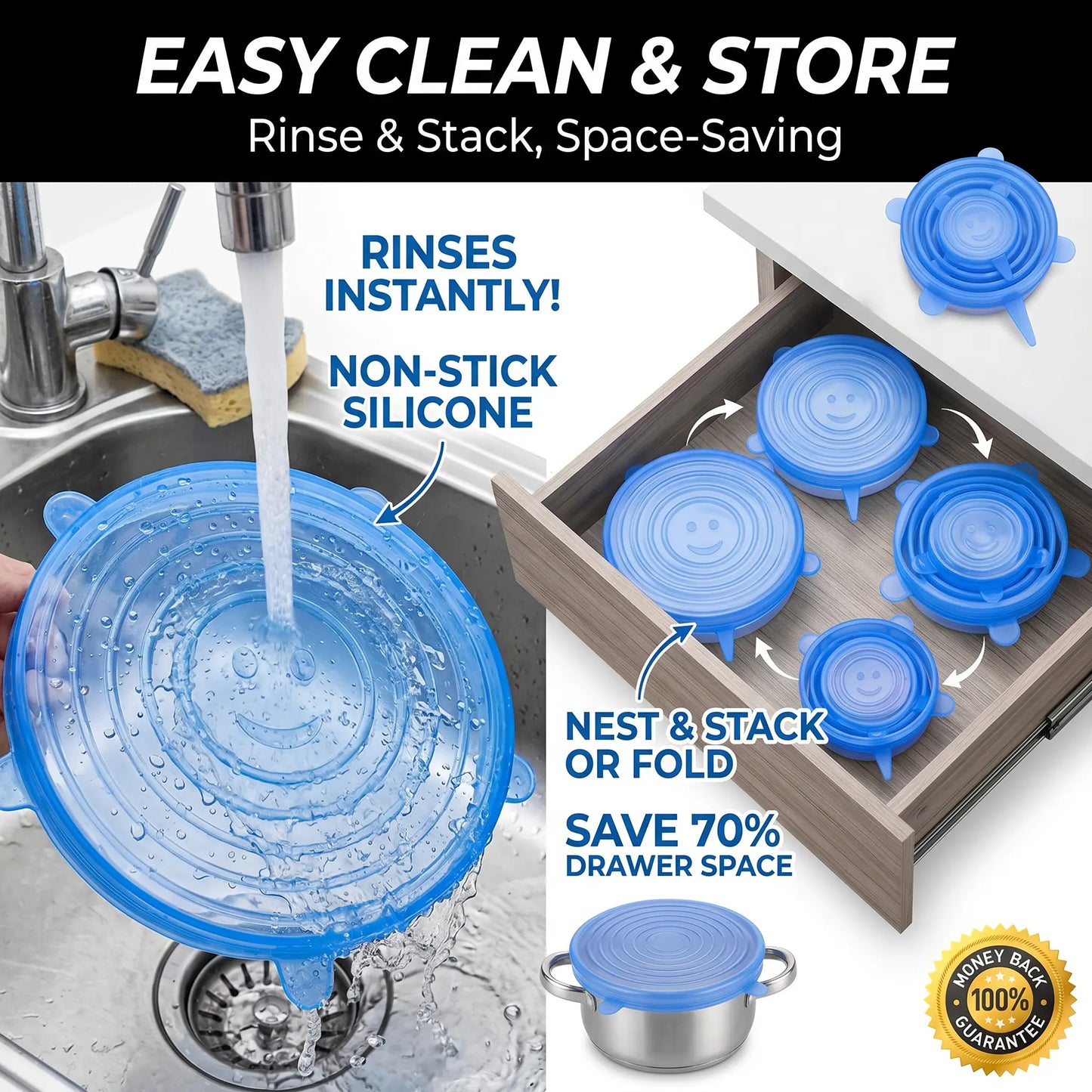 6-Pack Universal Reusable Silicone Lids – Self-Sealing Food Covers for Various Container Sizes