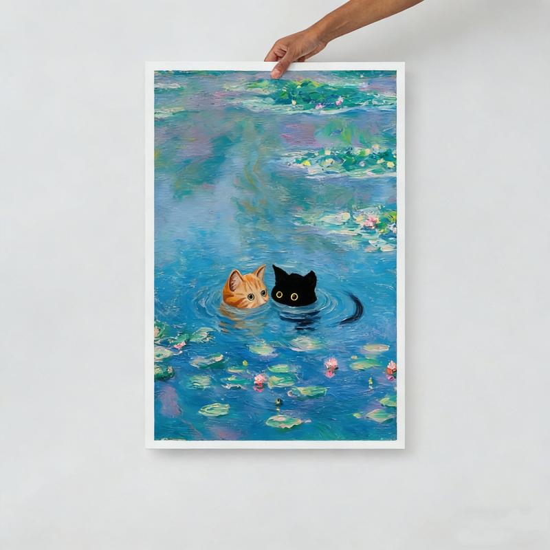 Black and Orange Cat Print Monet Waterlily Funny Wall Art Poster for Home Valentines Day Decor
