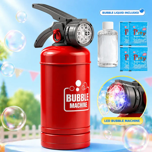 Portable Fire Extinguisher Bubble Blower for Kids, Automatic 6-Hole Bubble Machine with Colorful LED Lights & Bubble Solution, Outdoor Birthday Party Summer Toy for Boys Girls