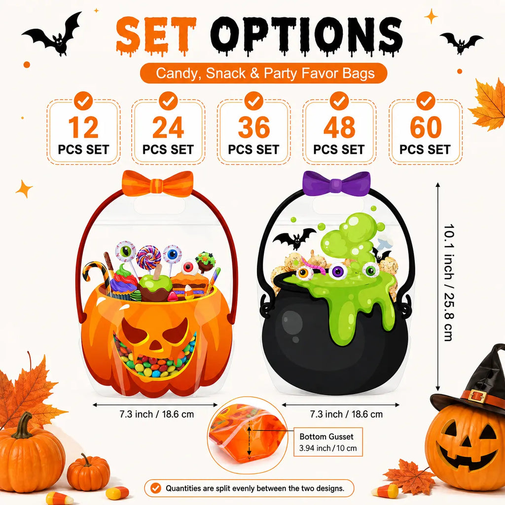 12-60 Pcs Halloween Plastic Goodie Bags – Trick or Treat Candy Bags with Pumpkin & Skull Patterns