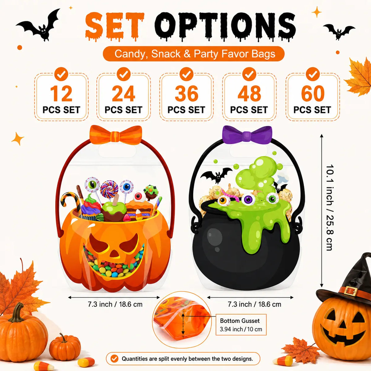 12-60 Pcs Halloween Plastic Goodie Bags – Trick or Treat Candy Bags with Pumpkin & Skull Patterns