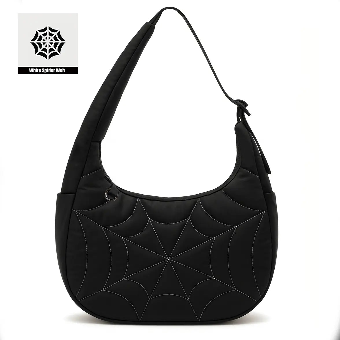 Spider Web Puffer Shoulder Bag for Women - Lightweight Quilted Nylon Crossbody Purse