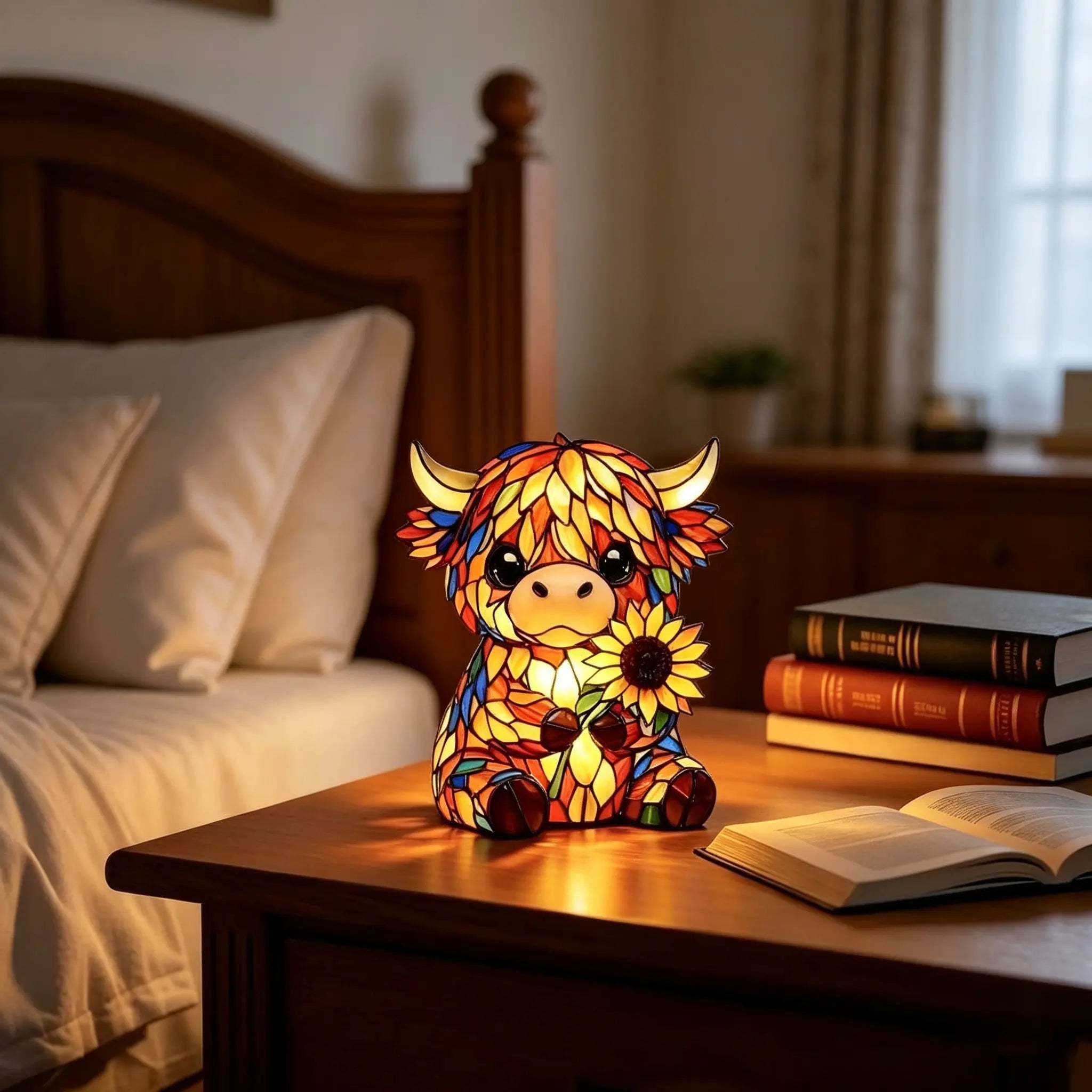 Luz de noche LED de vaca de las Highlands - Lámpara de mesa de figura animal de resina bonita (USB)