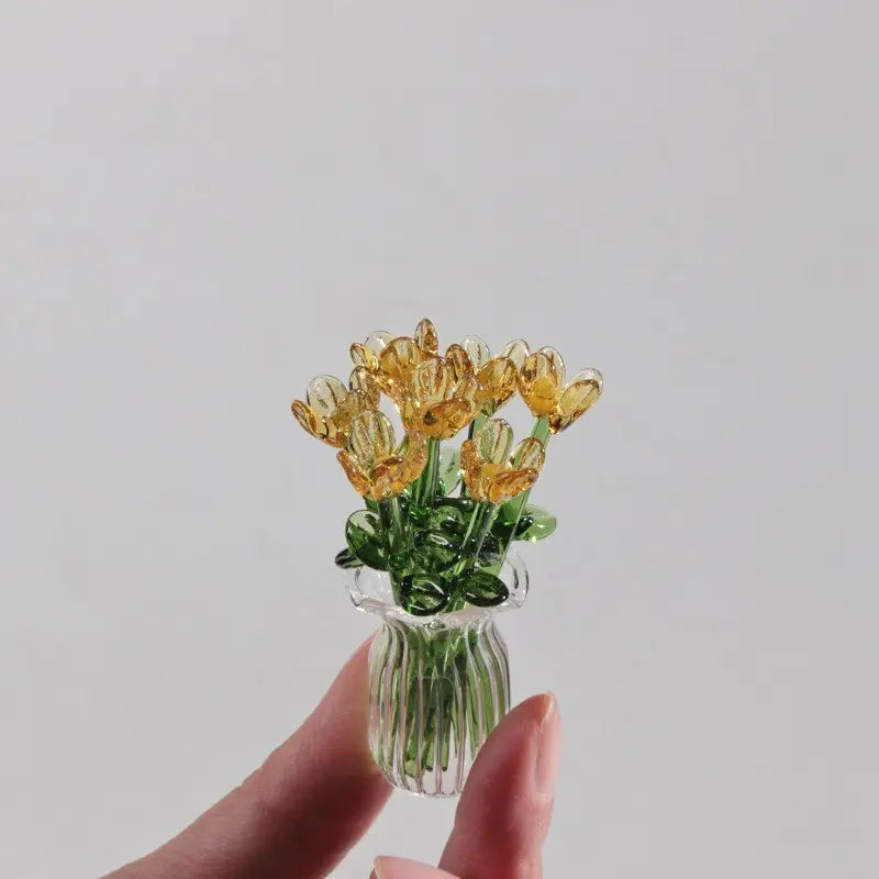 Handcrafted Mini Glass Artificial Flower Set – 10Faux Flowers with Vase Decorative Bouquet