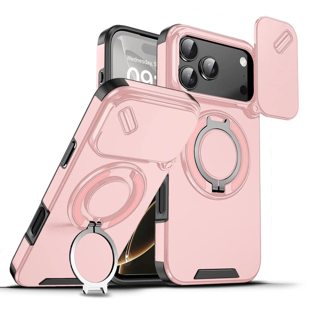 Military-Grade Magnetic Protective Case with Sliding Camera Cover & 360° Rotatable Ring Stand for iPhone 17 Pro Max