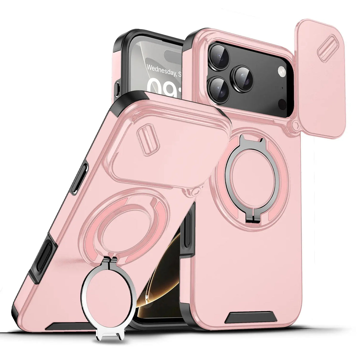 Military-Grade Magnetic Protective Case with Sliding Camera Cover & 360° Rotatable Ring Stand for iPhone 17 Pro Max