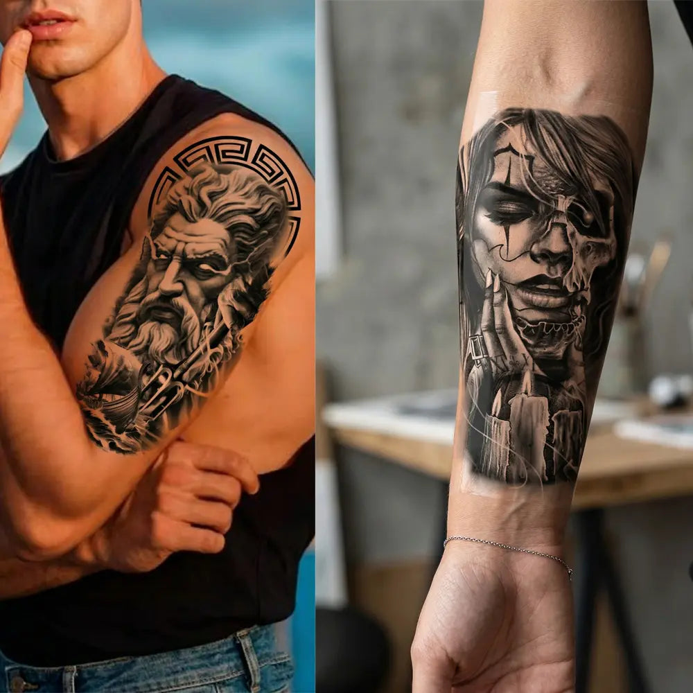 36 large half-sleeve temporary tattoo stickers, unisex, suitable for the forearm, featuring tribal, wolf, tiger, lion, owl, and skull designs; Halloween temporary tattoos; adult-sized; realistic black designs including flowers, roses, and animals
