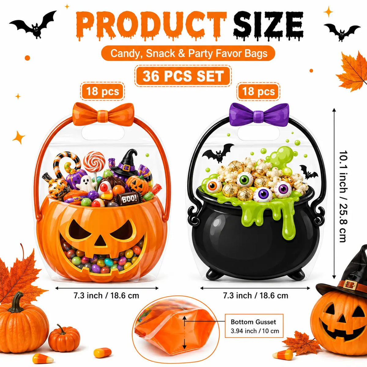 12-60 Pcs Halloween Plastic Goodie Bags – Trick or Treat Candy Bags with Pumpkin & Skull Patterns